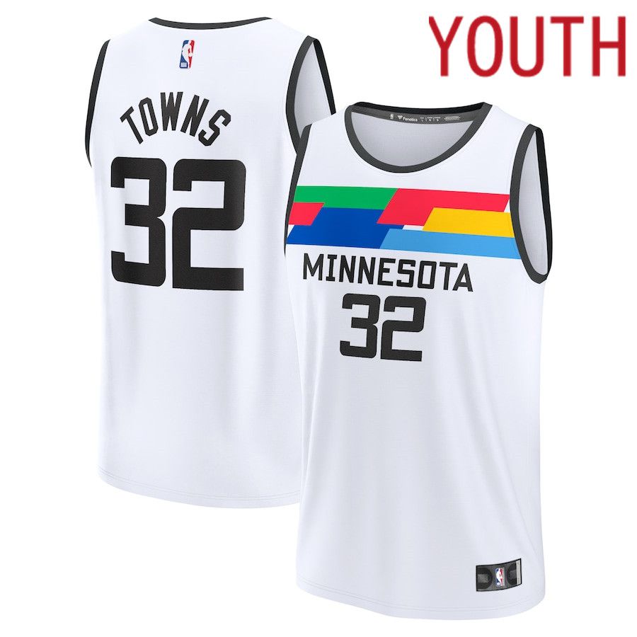 Youth Minnesota Timberwolves 32 Karl-Anthony Towns Fanatics Branded White City Edition 2022-23 Fastbreak NBA Jersey